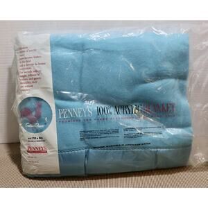 Vintage Penney's Golden Dawn Blanket 100% Acrylic Twin Satin 72x90 Blue